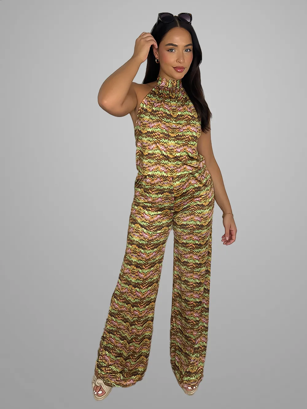 Slinky Tie Halter Neck Vibrant Pattern Jumpsuit