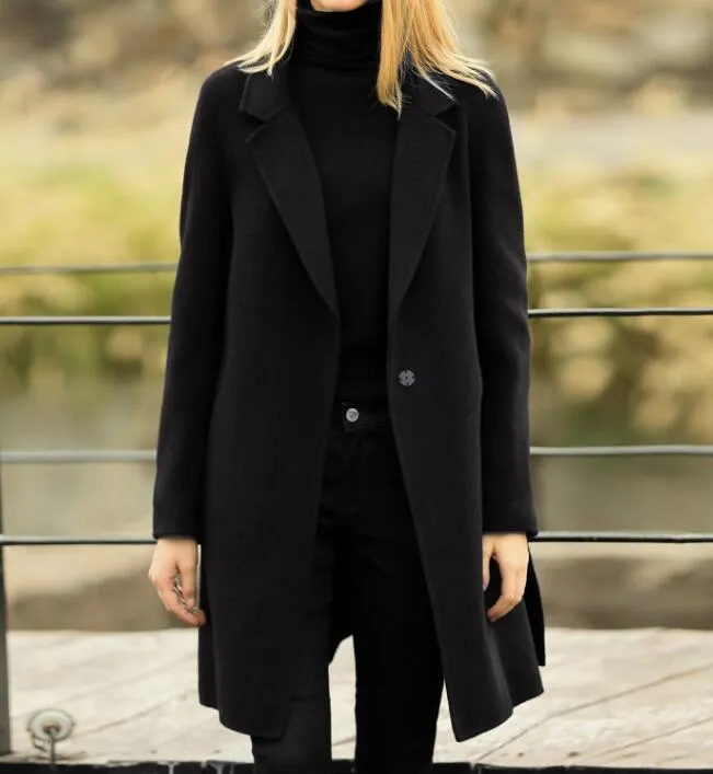 Slit Women Winter Black Vintage Women Wool Coat Jacket 66333