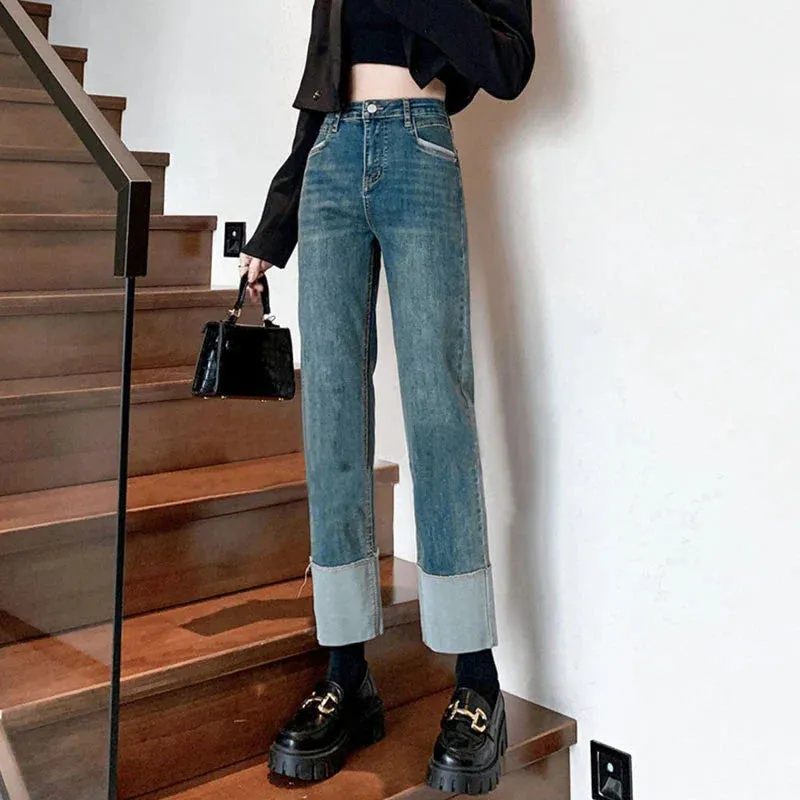 Small People Hit Color Flap Casual Elastic Slim Retro Straight High-Waisted Jeans