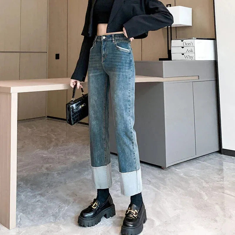 Small People Hit Color Flap Casual Elastic Slim Retro Straight High-Waisted Jeans