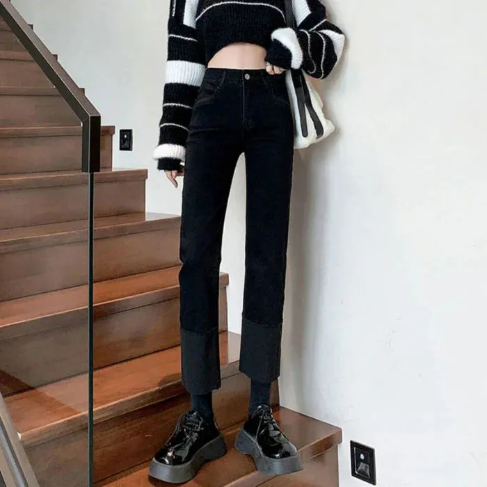 Small People Hit Color Flap Casual Elastic Slim Retro Straight High-Waisted Jeans