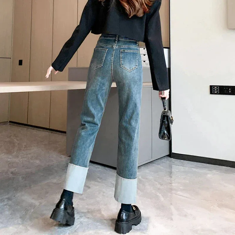 Small People Hit Color Flap Casual Elastic Slim Retro Straight High-Waisted Jeans