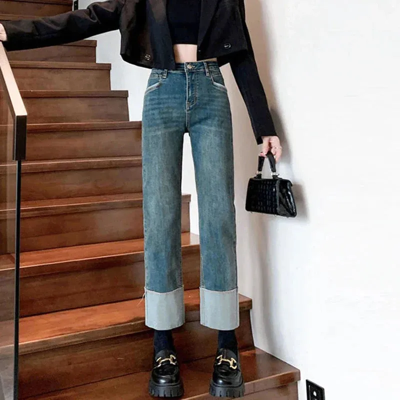 Small People Hit Color Flap Casual Elastic Slim Retro Straight High-Waisted Jeans