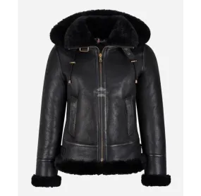 SNOW QUEEN Women's Black Hooded Shearling Jacket Aviator Flying Jacket