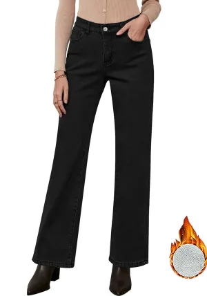 Soft Black Women's Baggy Denim High Waisted Straight Leg Fleece Lined Winter Pants