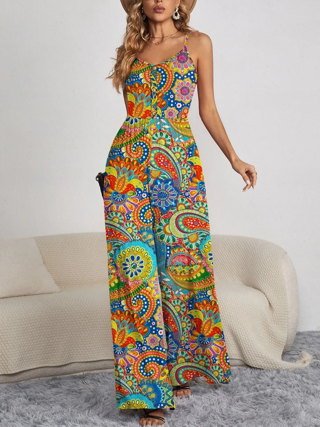 Spaghetti Strap Wide Leg Vacation Jumpsuit