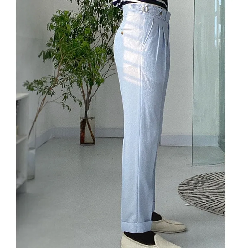 Spring Seersucker High Waist Straight Pants British Petty Bourgeoisie Blue Stripe Italian Casual Trousers Men Pantalones Hombre