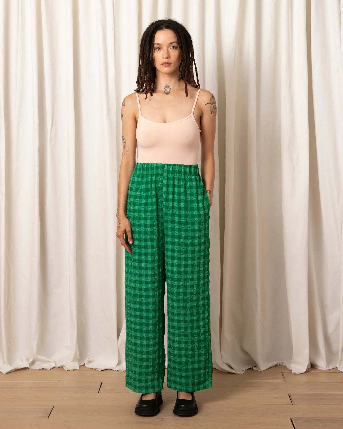 STRAIGHT LEG ELASTIC PANT - KELLY GREEN CHECK