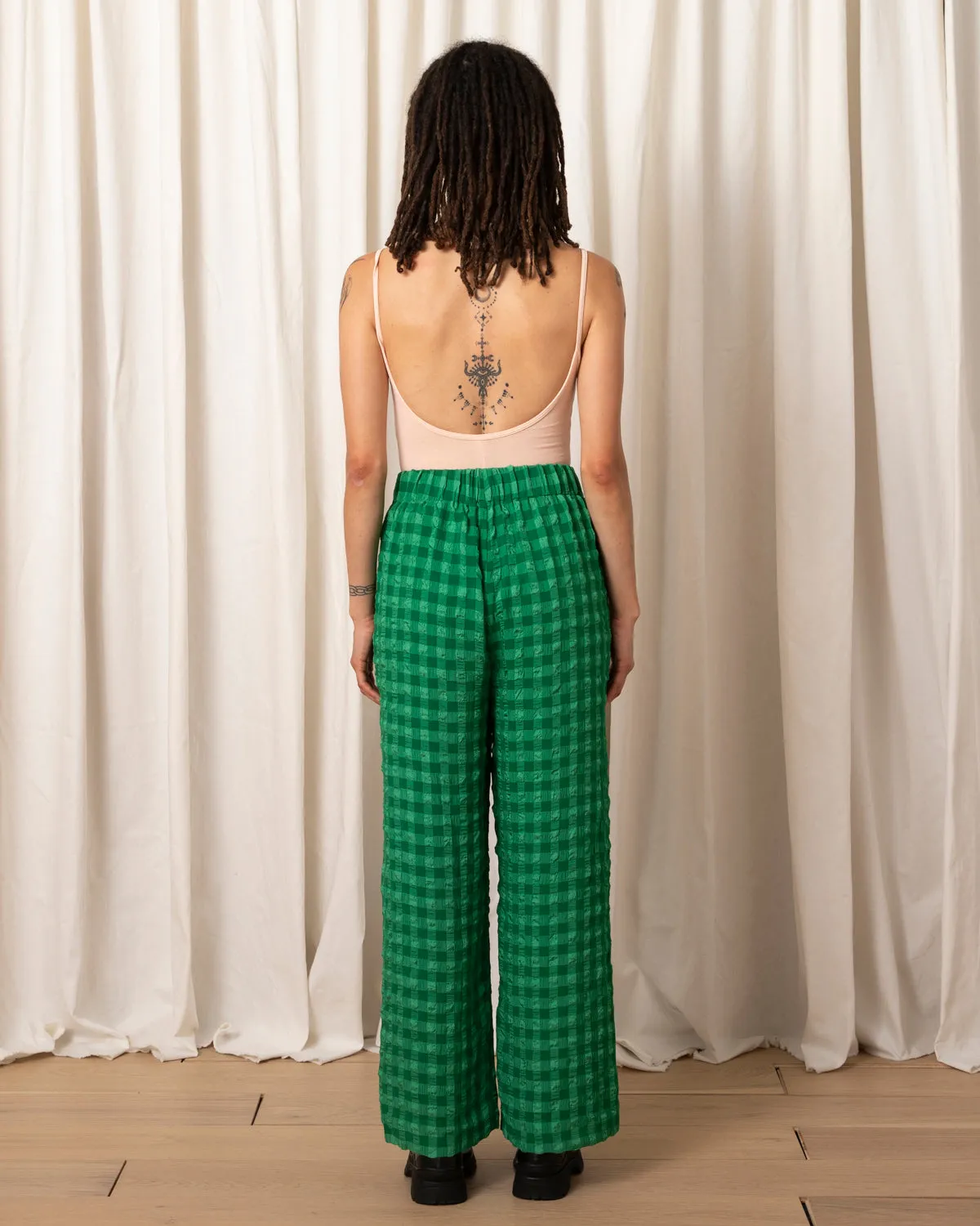 STRAIGHT LEG ELASTIC PANT - KELLY GREEN CHECK