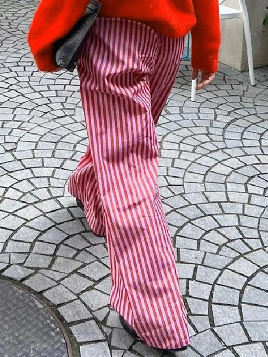 Stripe Print Long High Elastic Waist Casual Loose Fit Wide Leg Pajama with Pockets Y2K Pants