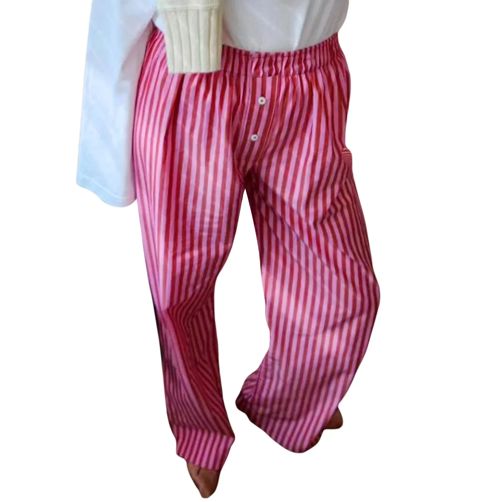 Stripe Print Long High Elastic Waist Casual Loose Fit Wide Leg Pajama with Pockets Y2K Pants