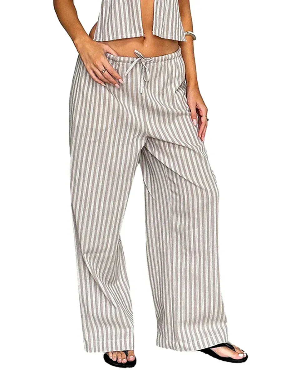 Striped Print Elastic High Waist Loose Straight Wide Leg Y2K Casual Pants