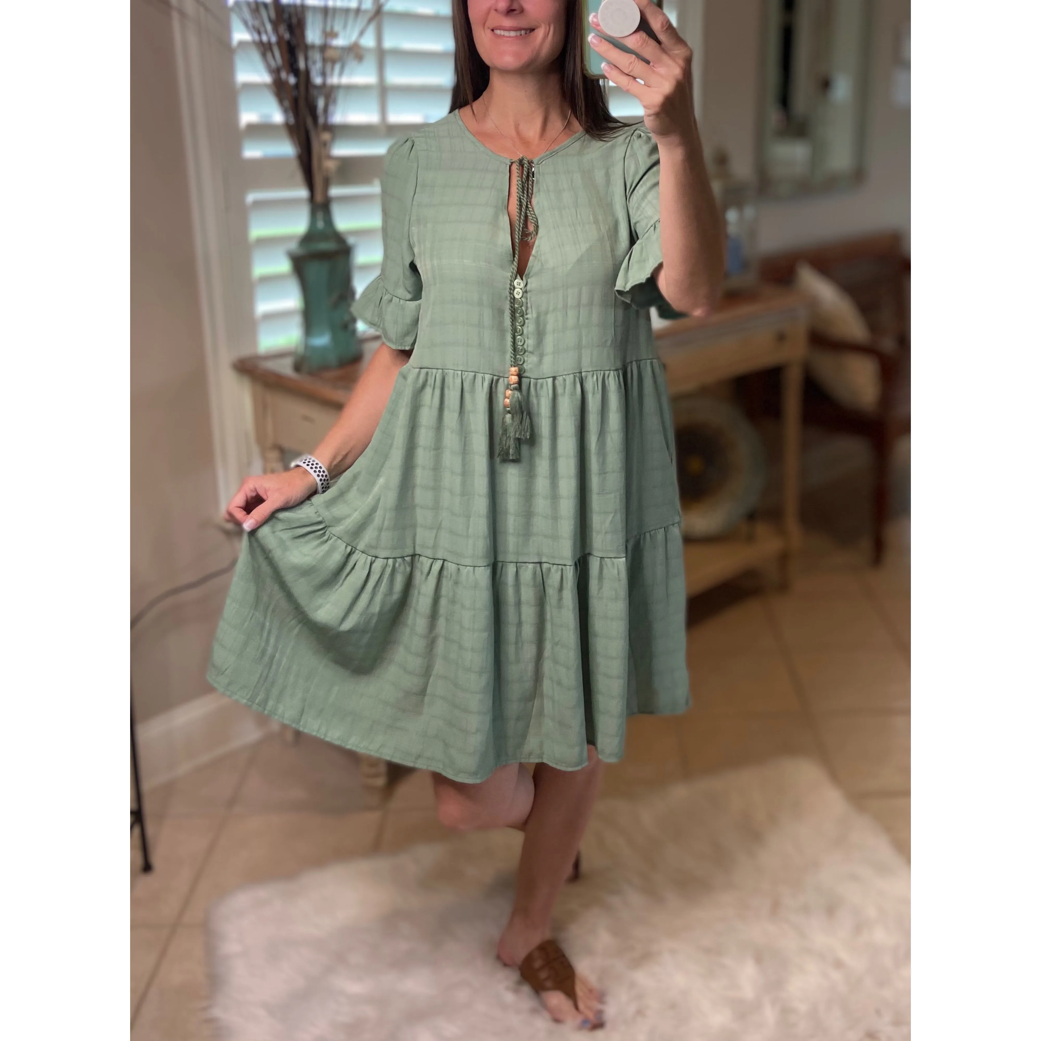 “Summer Breeze” Boho Tiered Striped V-Neck Tassel Ruffle Sleeve Babydoll Chic Dress Sage S/M/L/XL