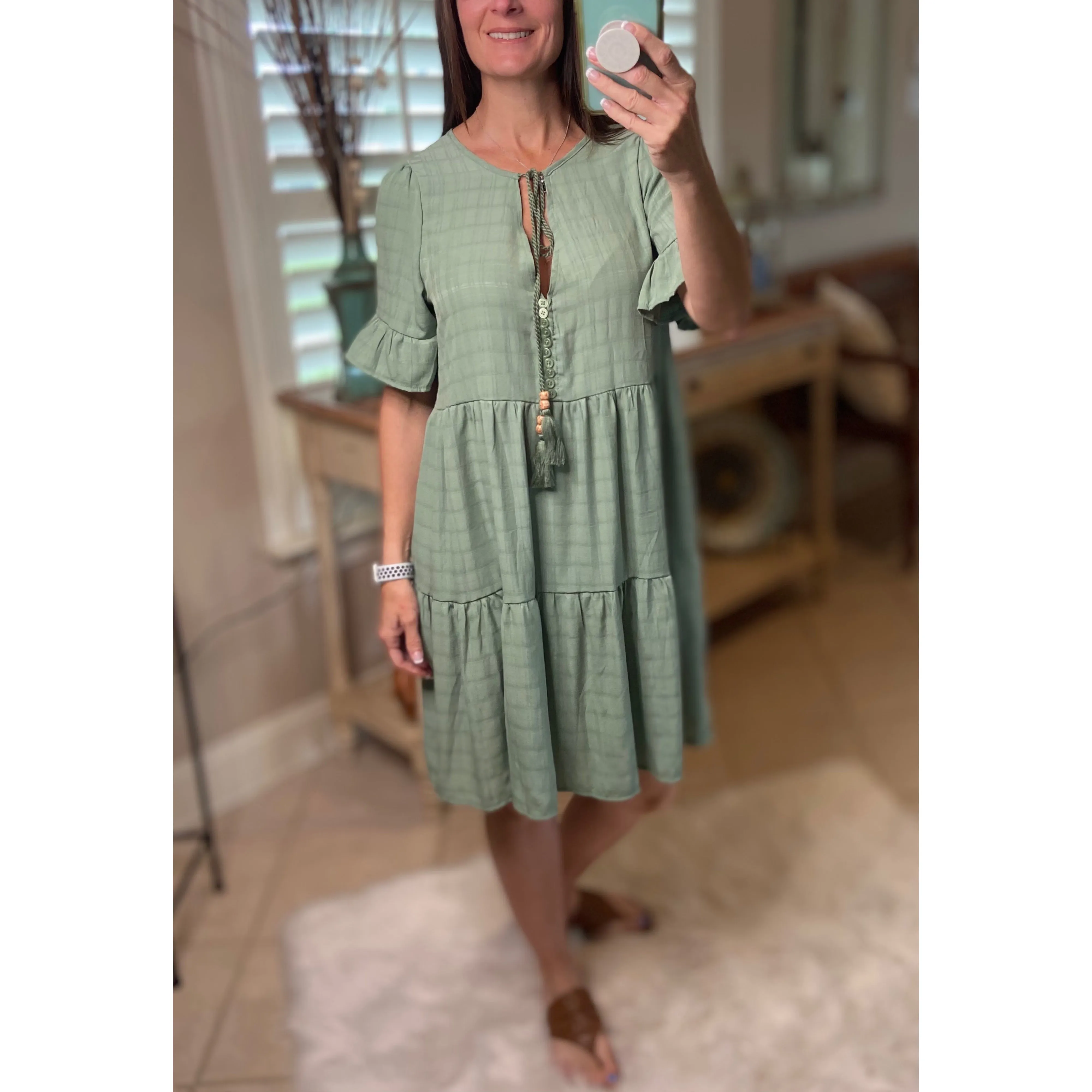 “Summer Breeze” Boho Tiered Striped V-Neck Tassel Ruffle Sleeve Babydoll Chic Dress Sage S/M/L/XL