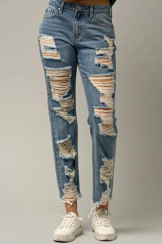 TEEK - Medium Wash Ripped Straight Jeans