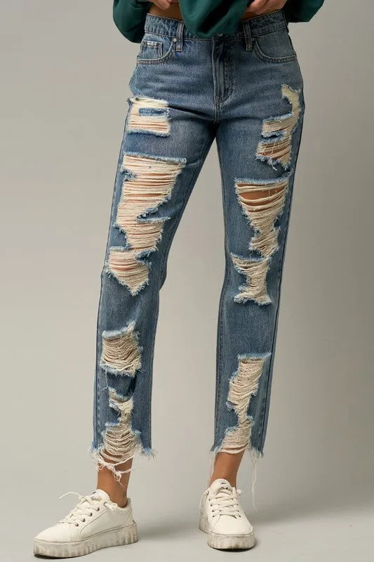 TEEK - Medium Wash Ripped Straight Jeans