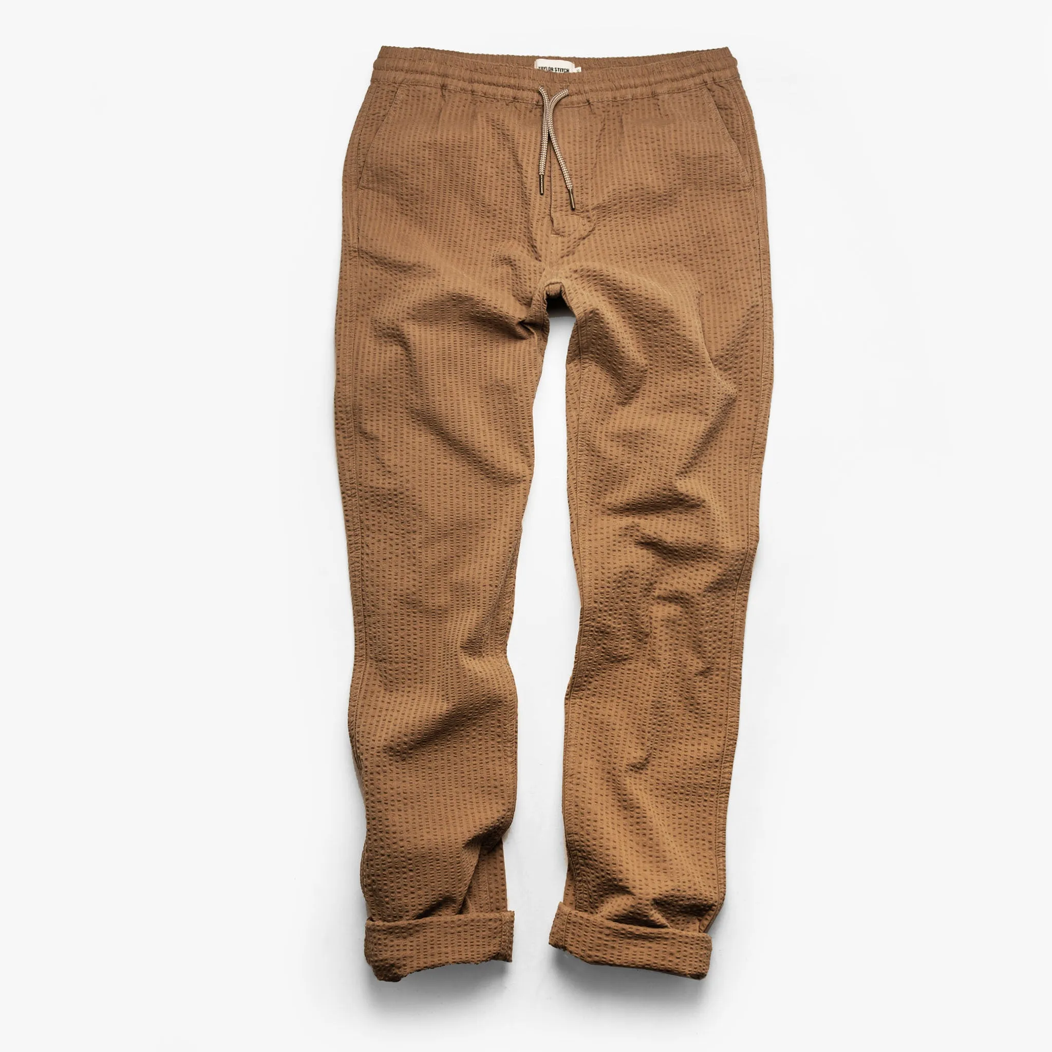 The Après Pant in British Khaki Seersucker