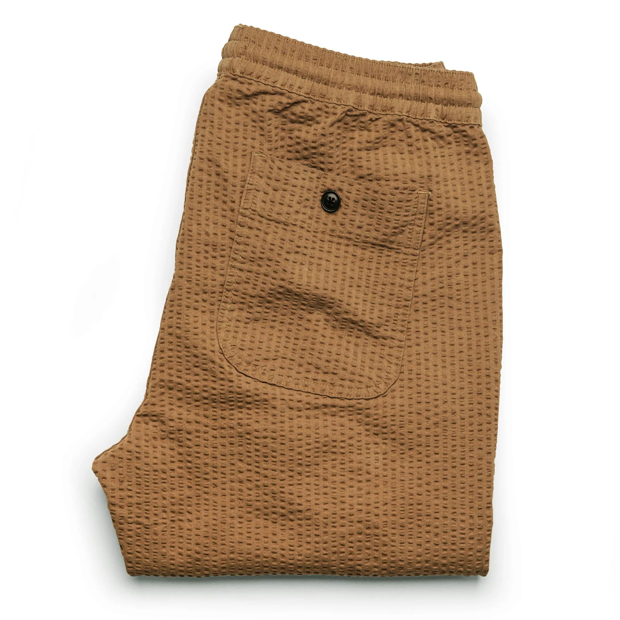 The Après Pant in British Khaki Seersucker