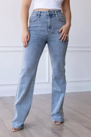 The Haley Light Wash Crystal Studded Straight Leg Jeans