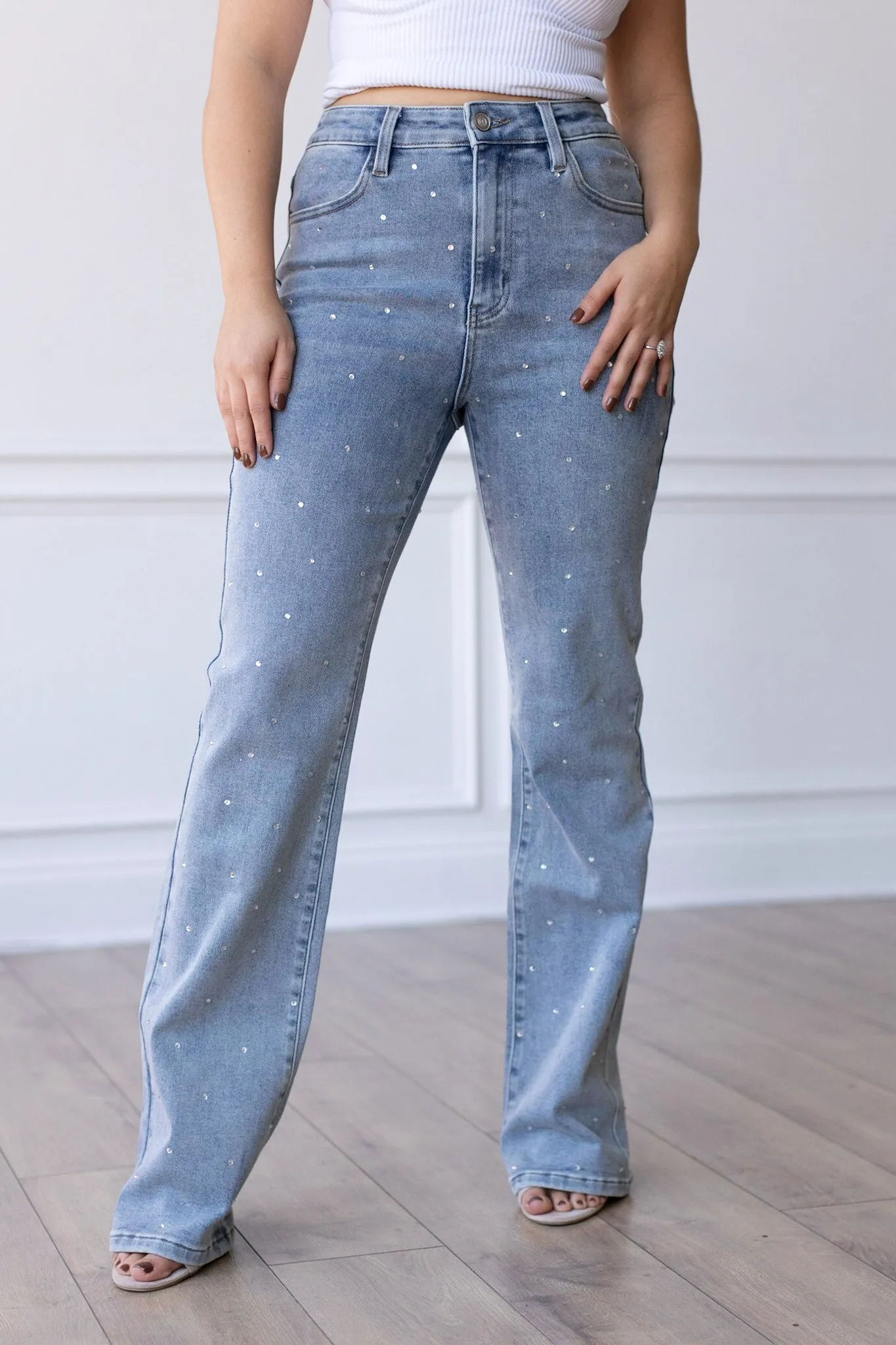 The Haley Light Wash Crystal Studded Straight Leg Jeans