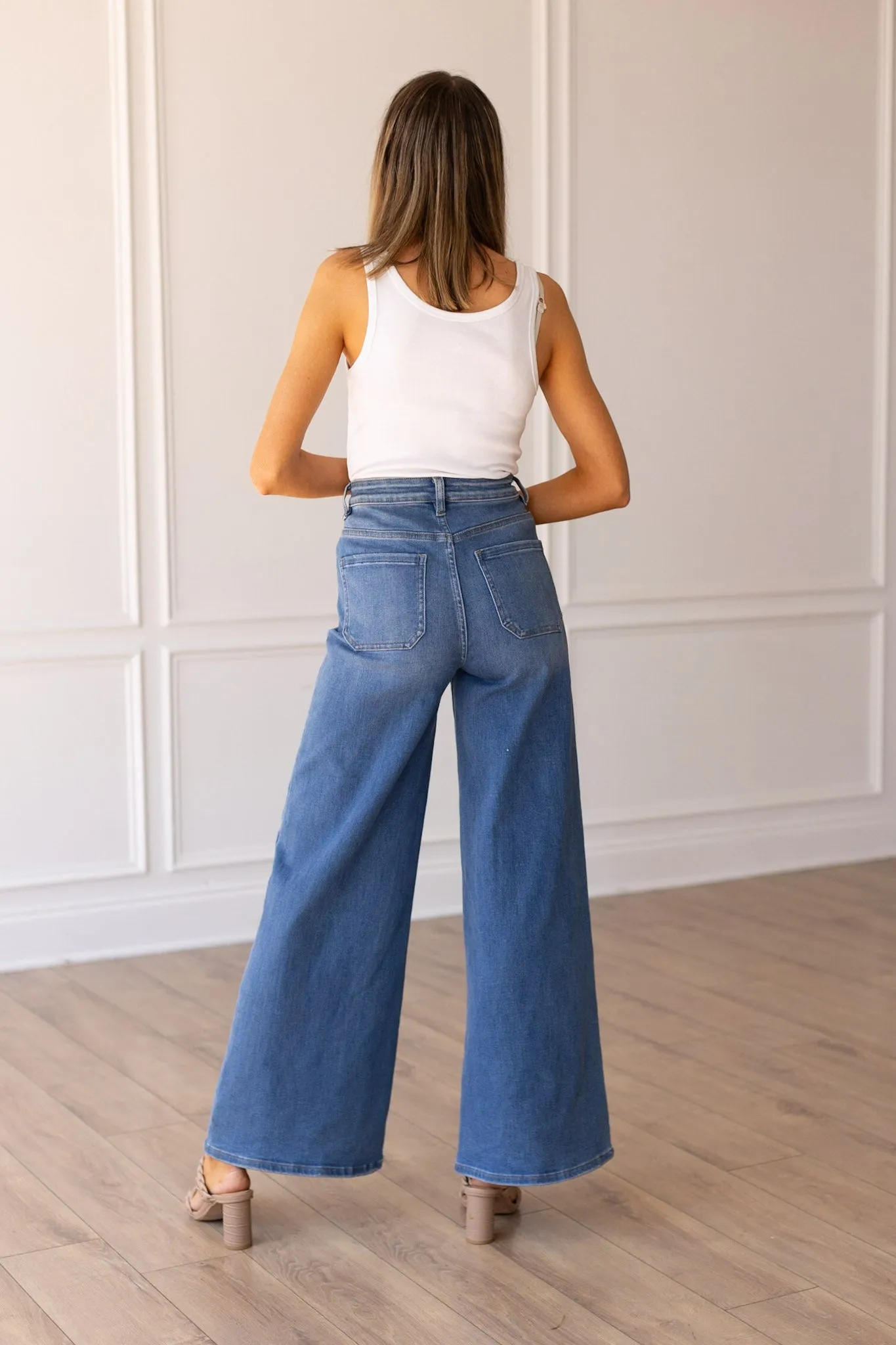 The Valentina Medium Wash Wide Leg Flare with Front Pockets