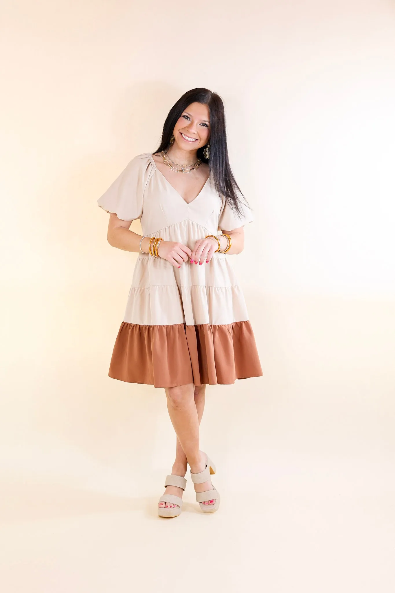 Trendy City Puff Sleeve Tiered Dress with Clay Brown Hemline in Beige