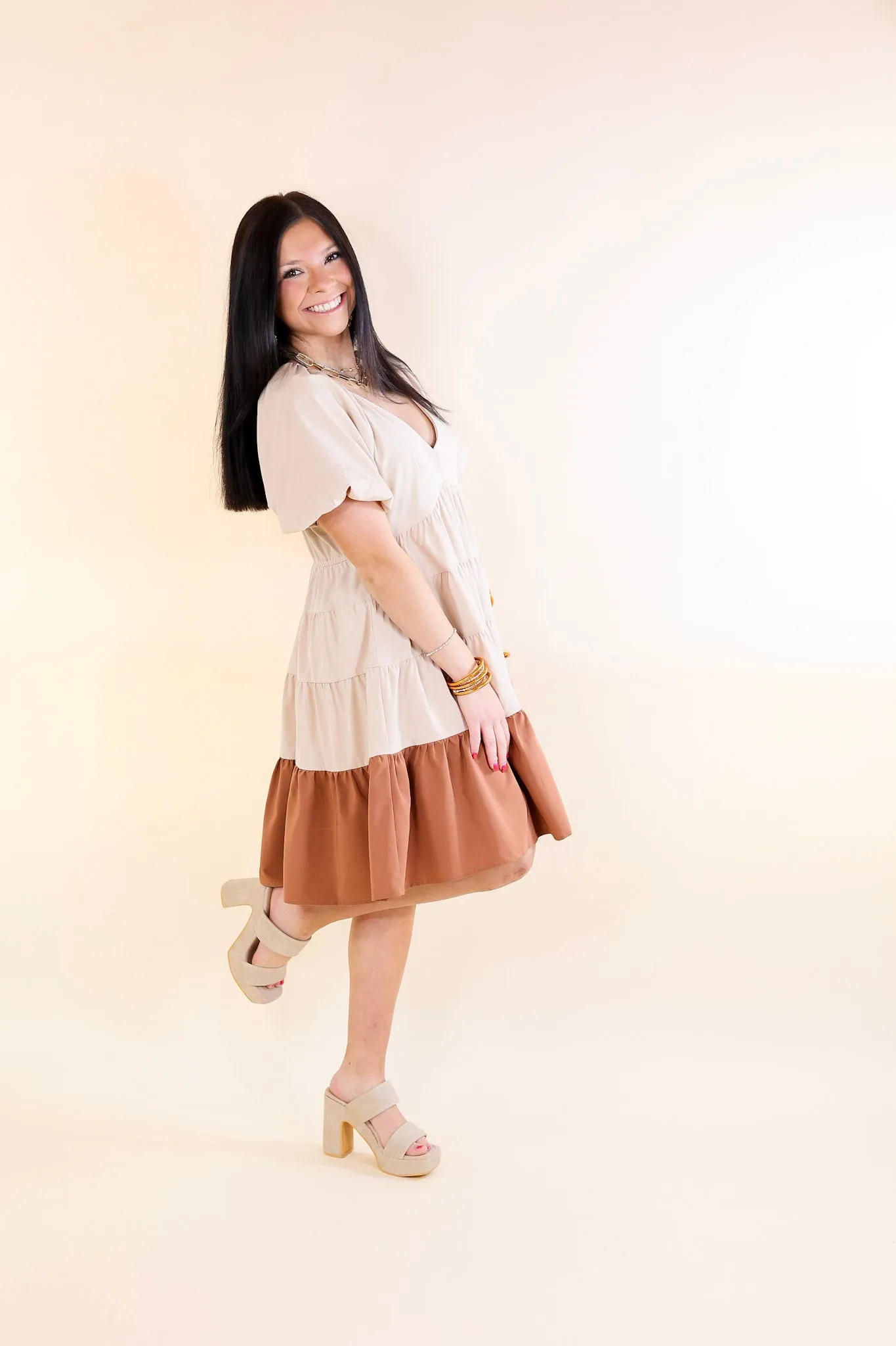 Trendy City Puff Sleeve Tiered Dress with Clay Brown Hemline in Beige