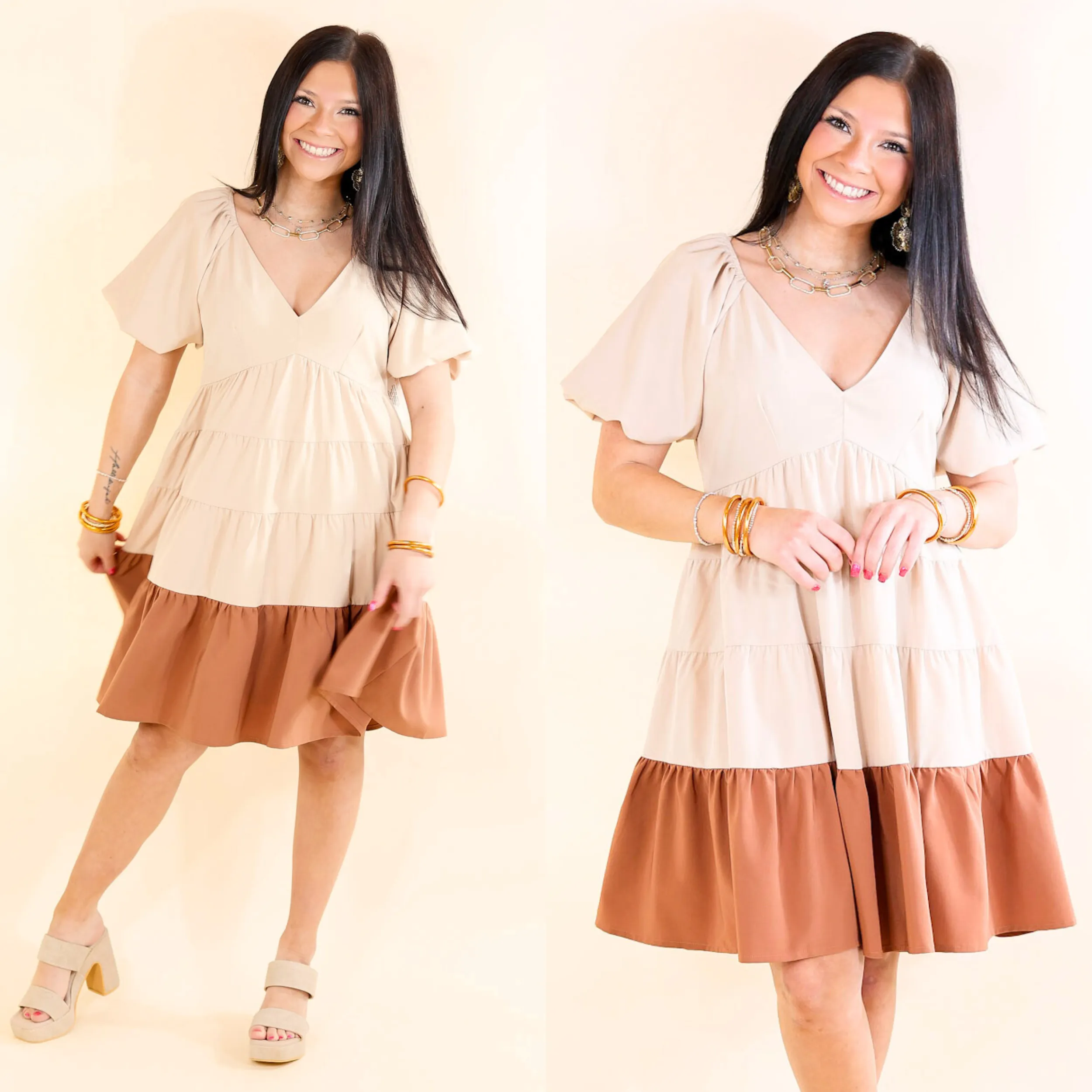 Trendy City Puff Sleeve Tiered Dress with Clay Brown Hemline in Beige