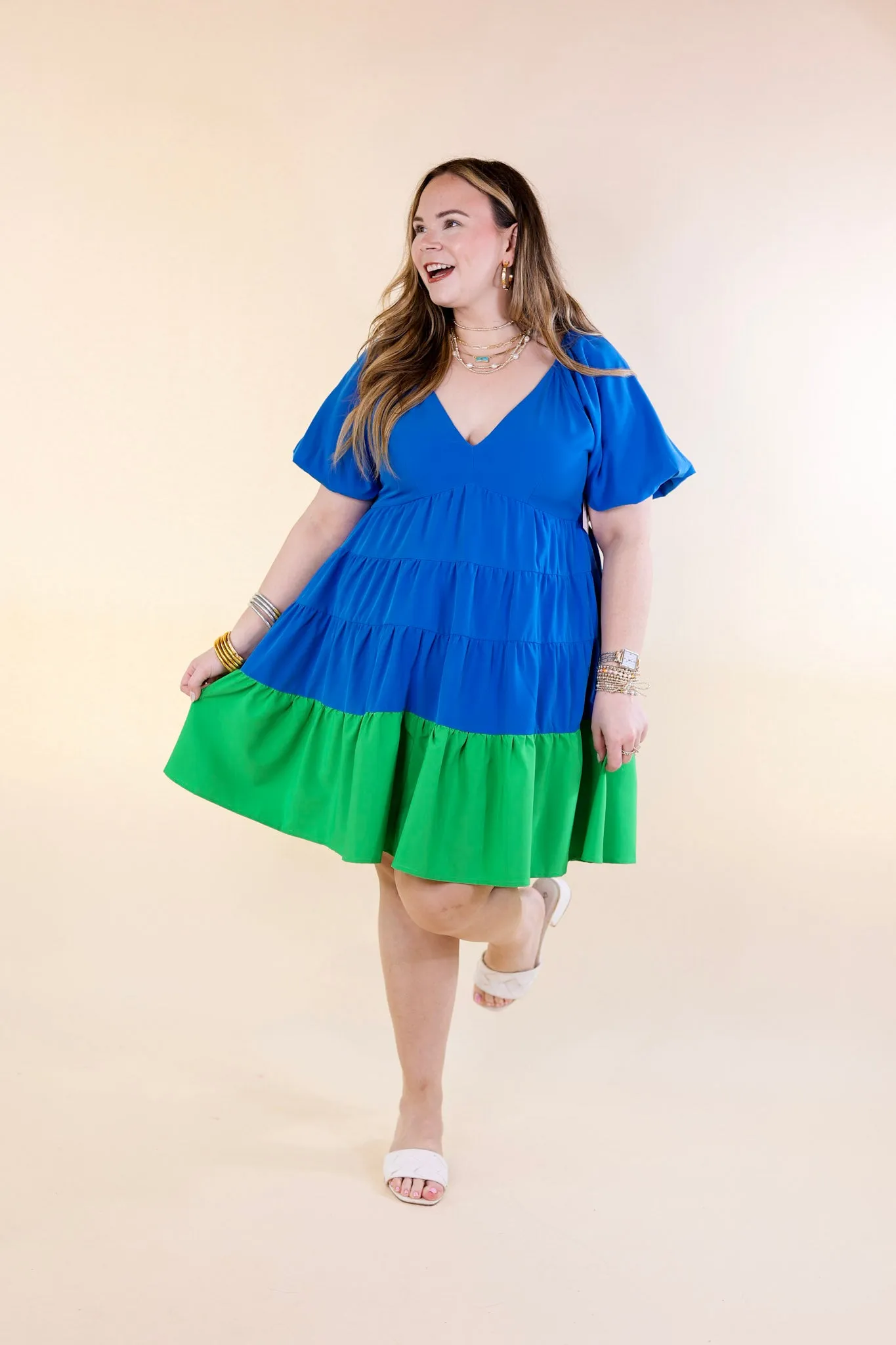 Trendy City Puff Sleeve Tiered Dress with Green Hemline in Blue