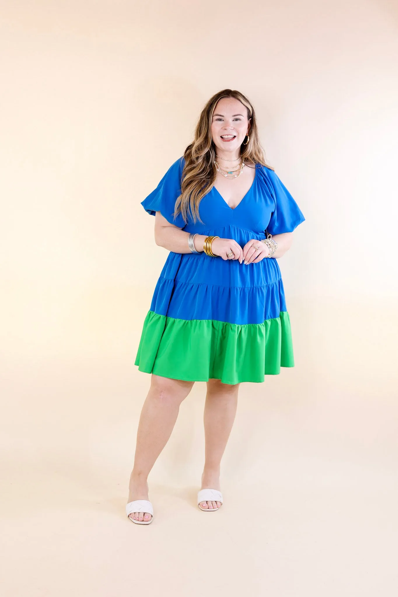 Trendy City Puff Sleeve Tiered Dress with Green Hemline in Blue