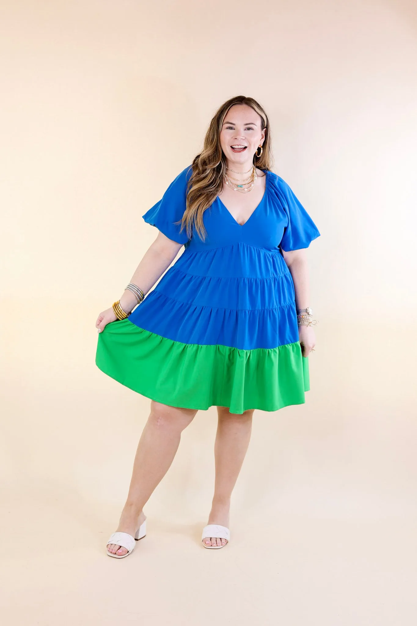 Trendy City Puff Sleeve Tiered Dress with Green Hemline in Blue