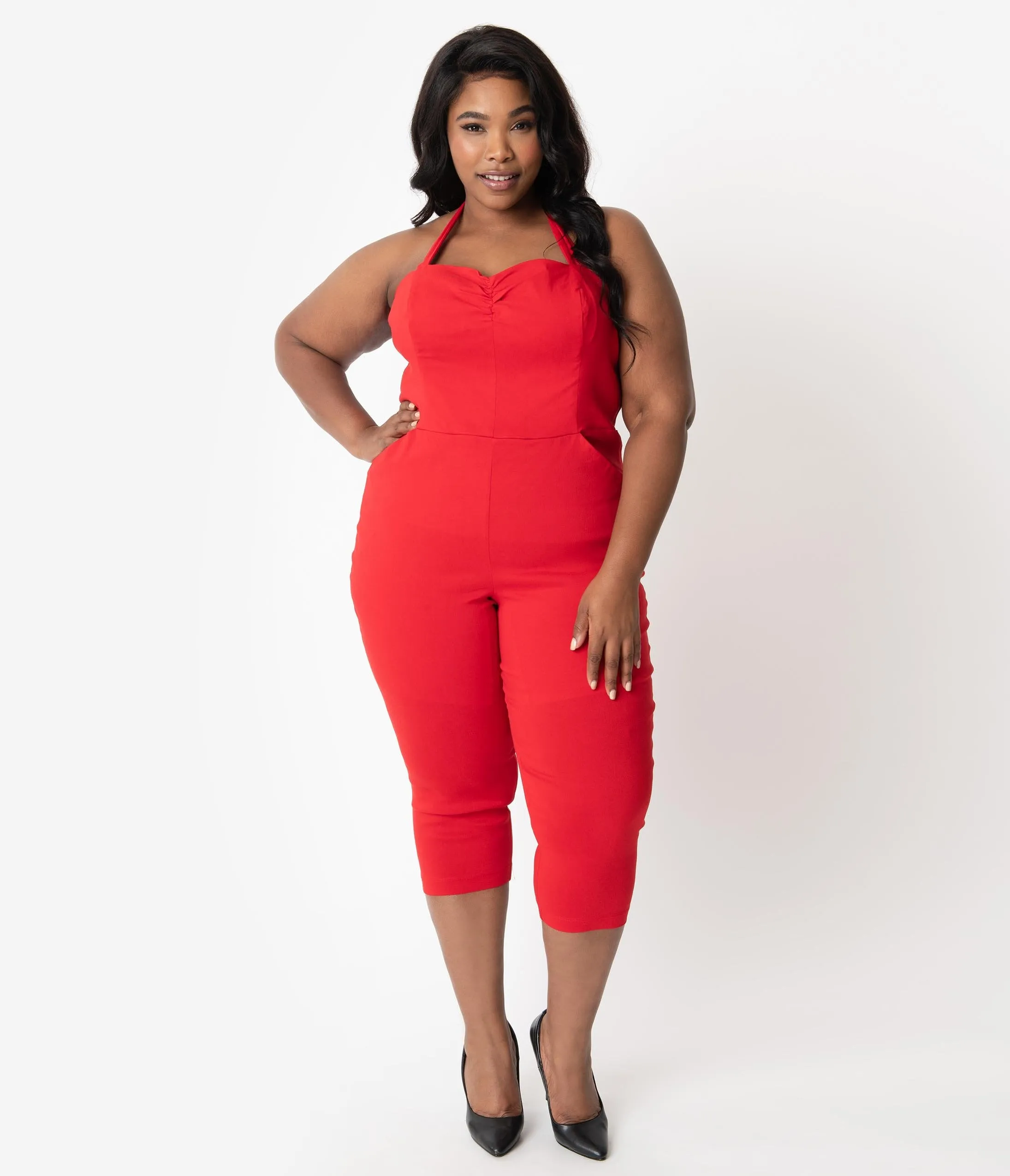 Unique Vintage Plus Size 1950s Style Red Halter Marcel Cropped Jumpsuit