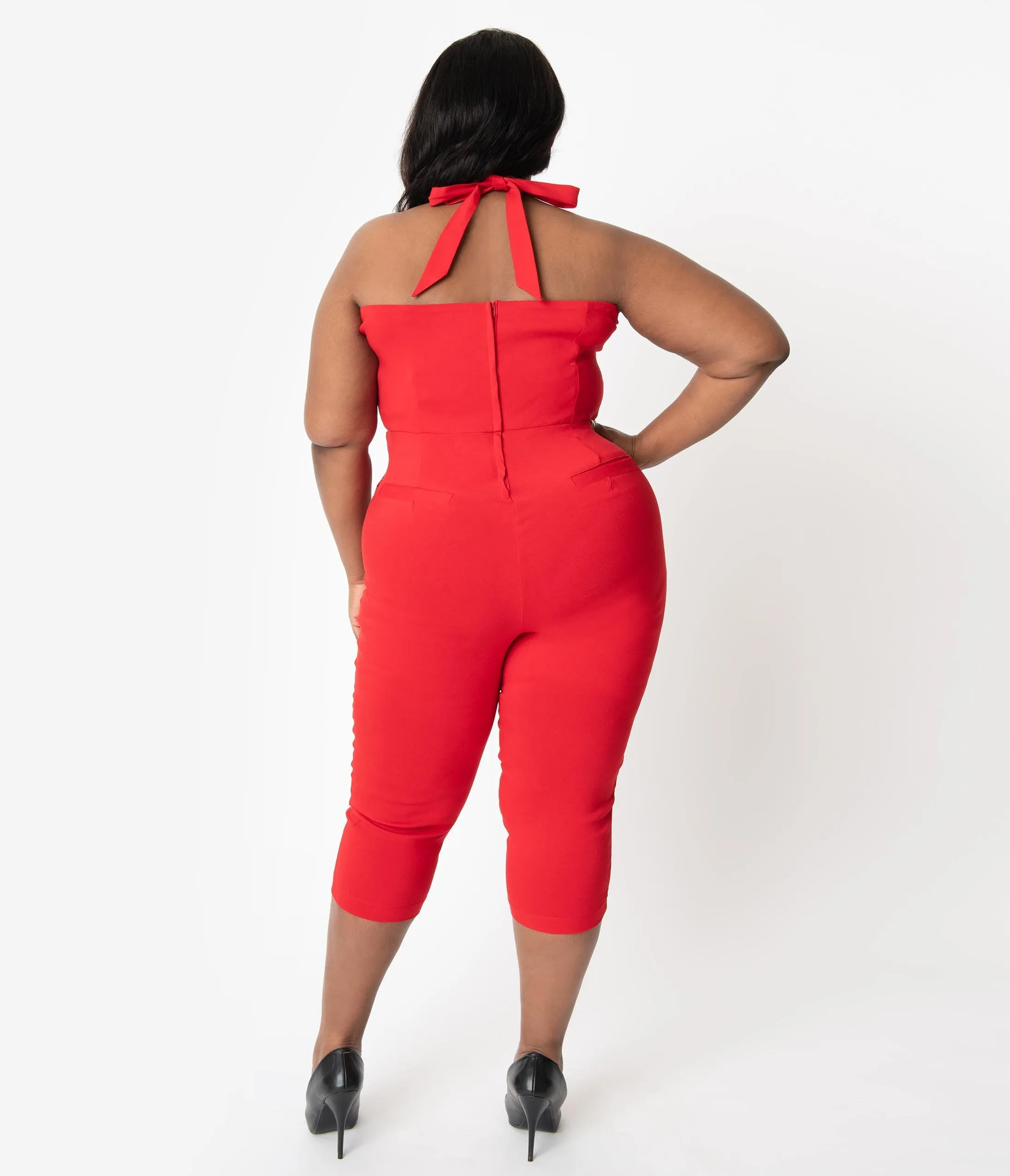 Unique Vintage Plus Size 1950s Style Red Halter Marcel Cropped Jumpsuit