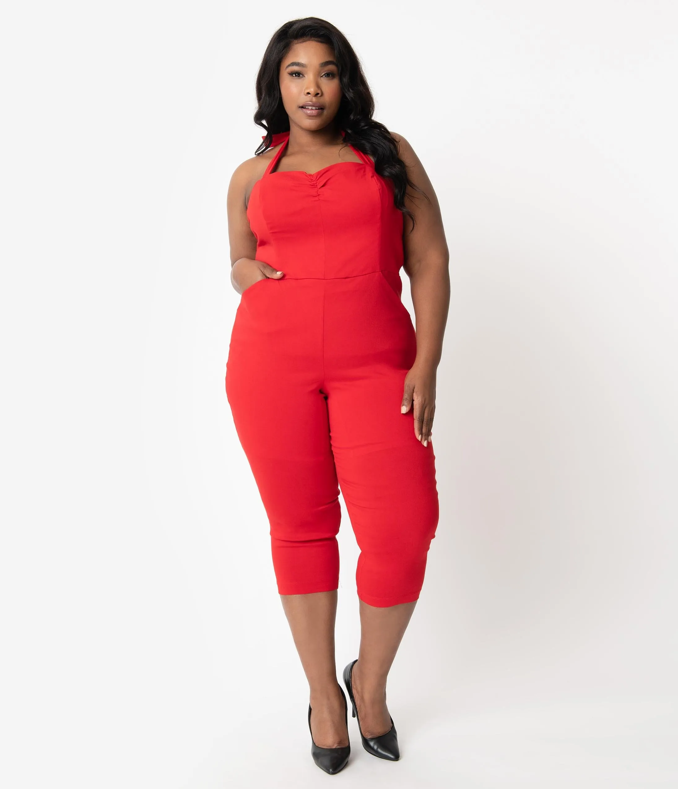 Unique Vintage Plus Size 1950s Style Red Halter Marcel Cropped Jumpsuit