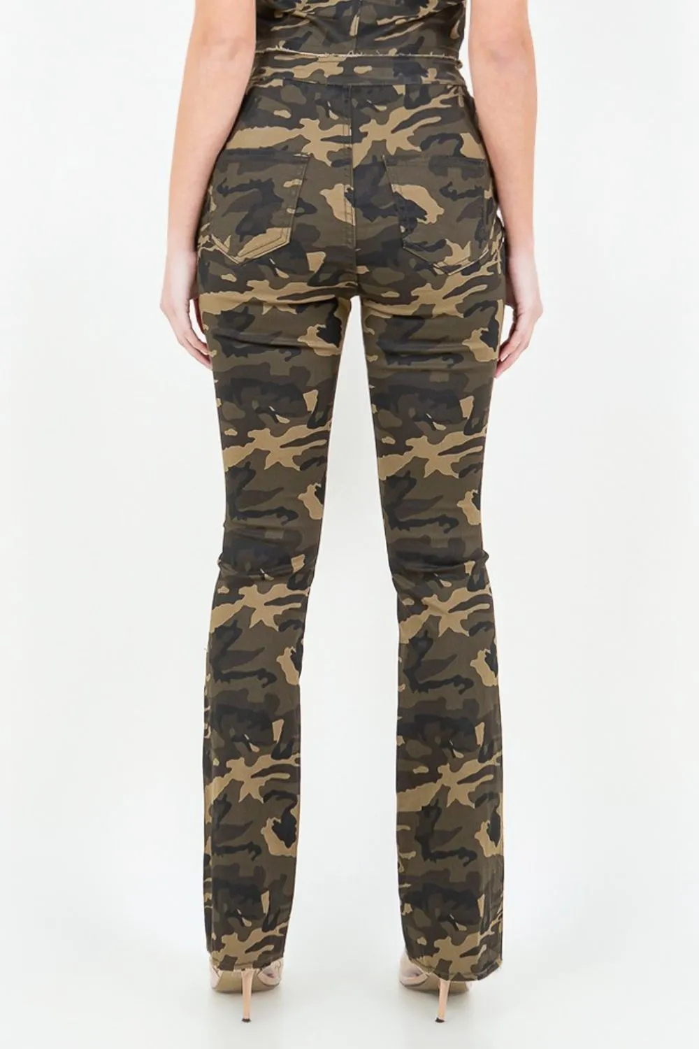 V-Cut Ruched Camo Flare Pants