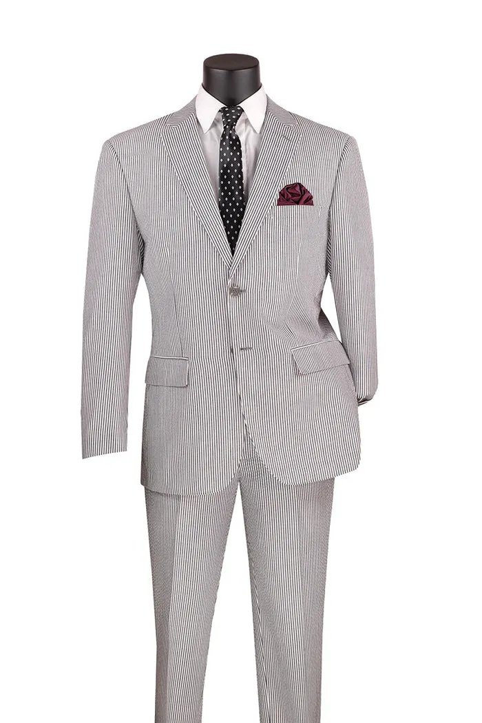 Vinci Modern Fit Summer 2 Piece 2 Button Suit Striped Seersucker Black MSS-1