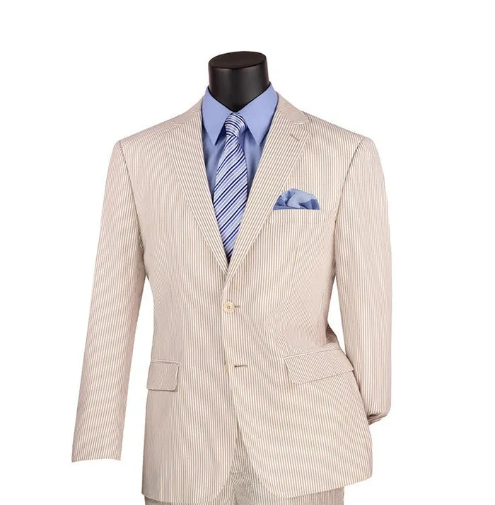 Vinci Modern Fit Summer 2 Piece 2 Button Suit Striped Seersucker Tan MSS-1