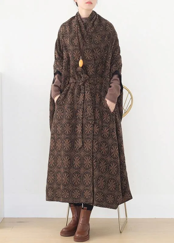 vintage brown wool coat plus size v neck trench coat cloak woolen outwear