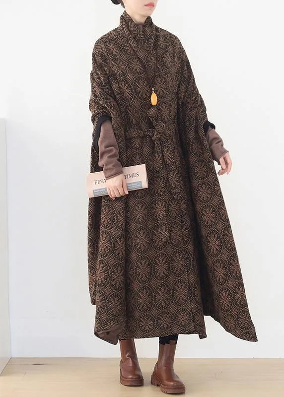 vintage brown wool coat plus size v neck trench coat cloak woolen outwear