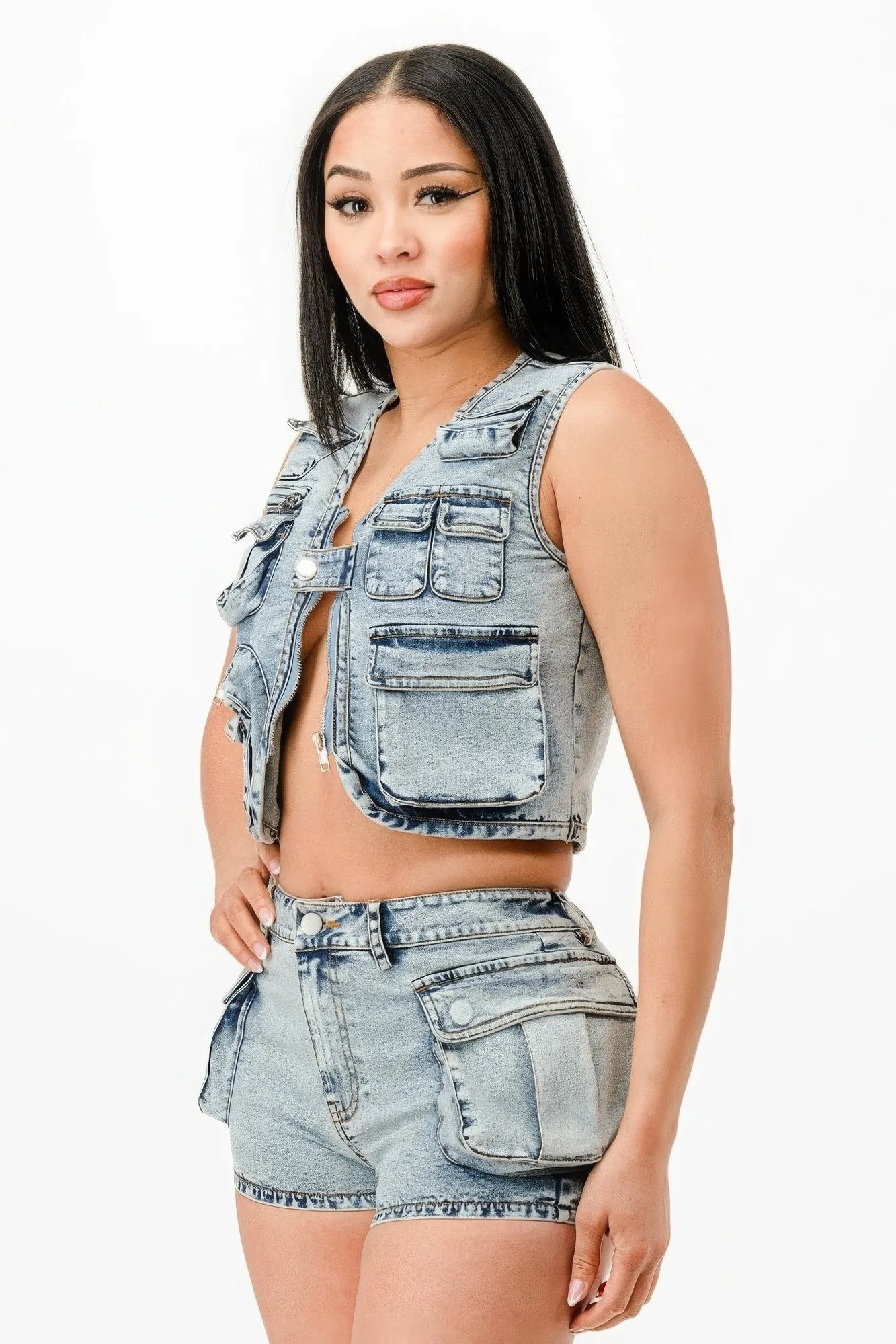 Washed Denim Two Piece Outfit Set