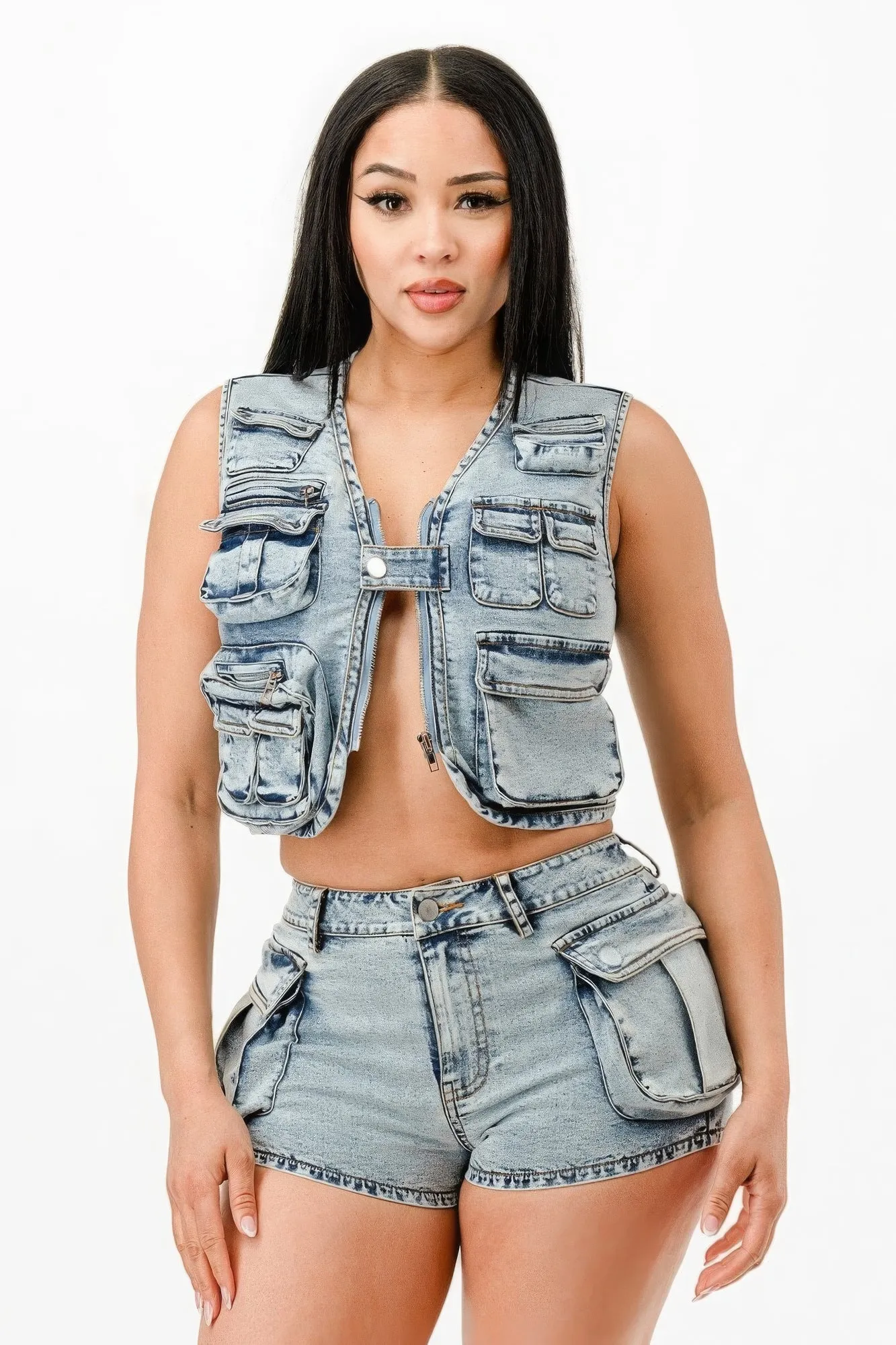 Washed Denim Two Piece Outfit Set