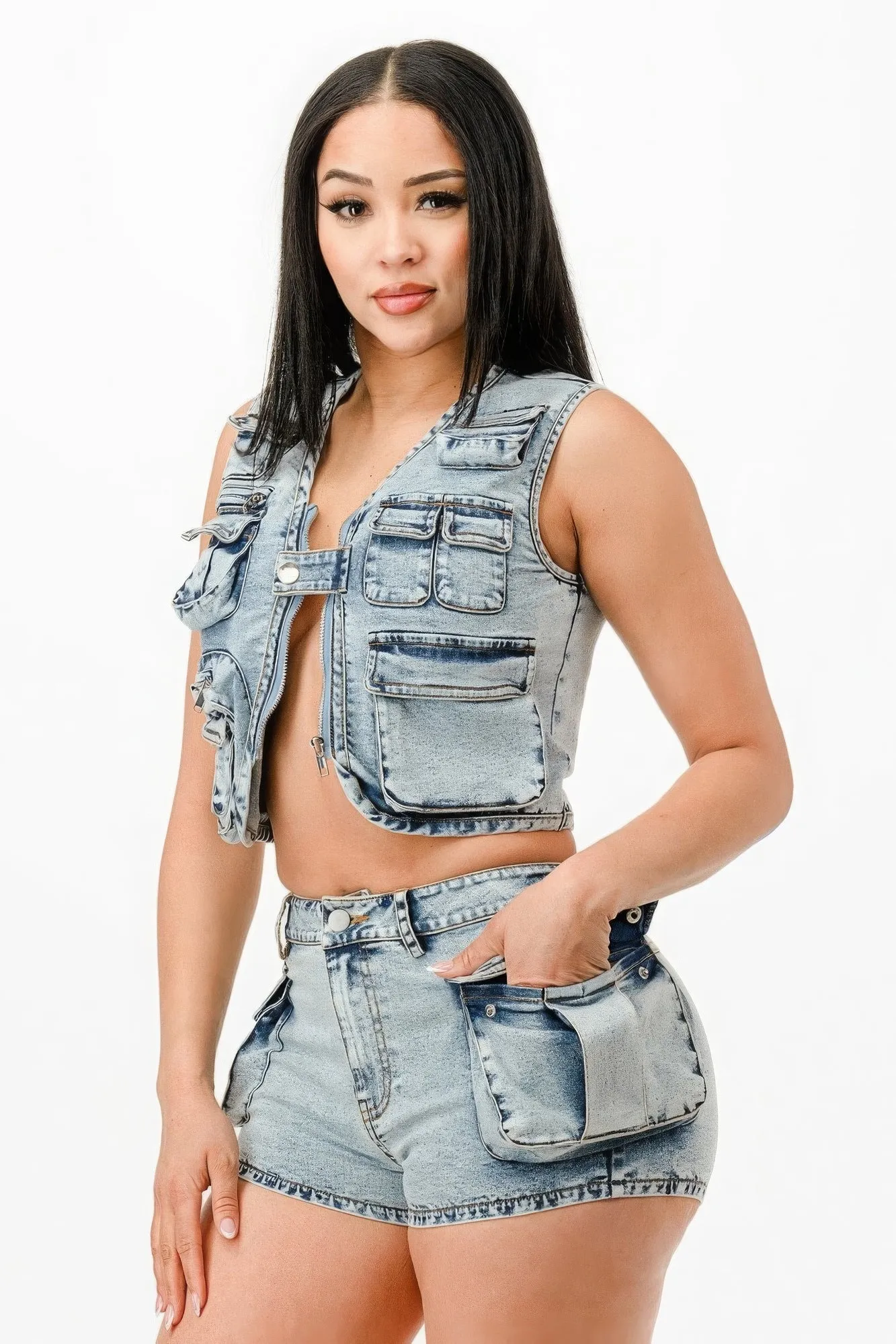 Washed Denim Two Piece Outfit Set