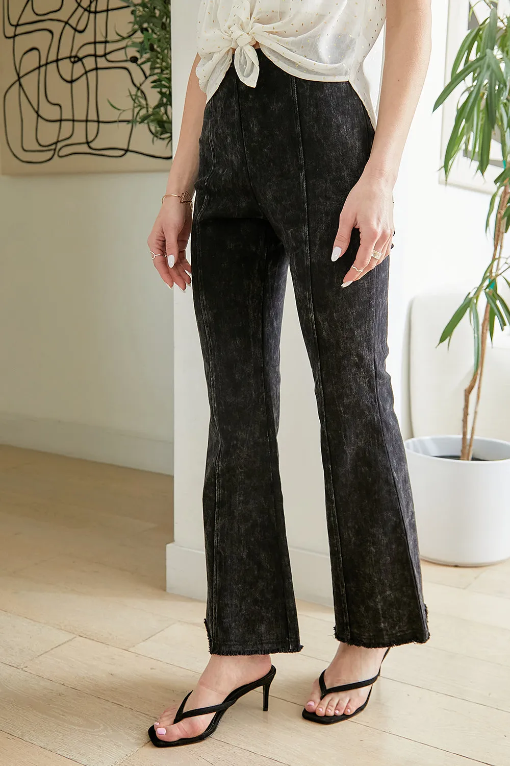 Washed High Waist Flare Pants With Fringe Bottom