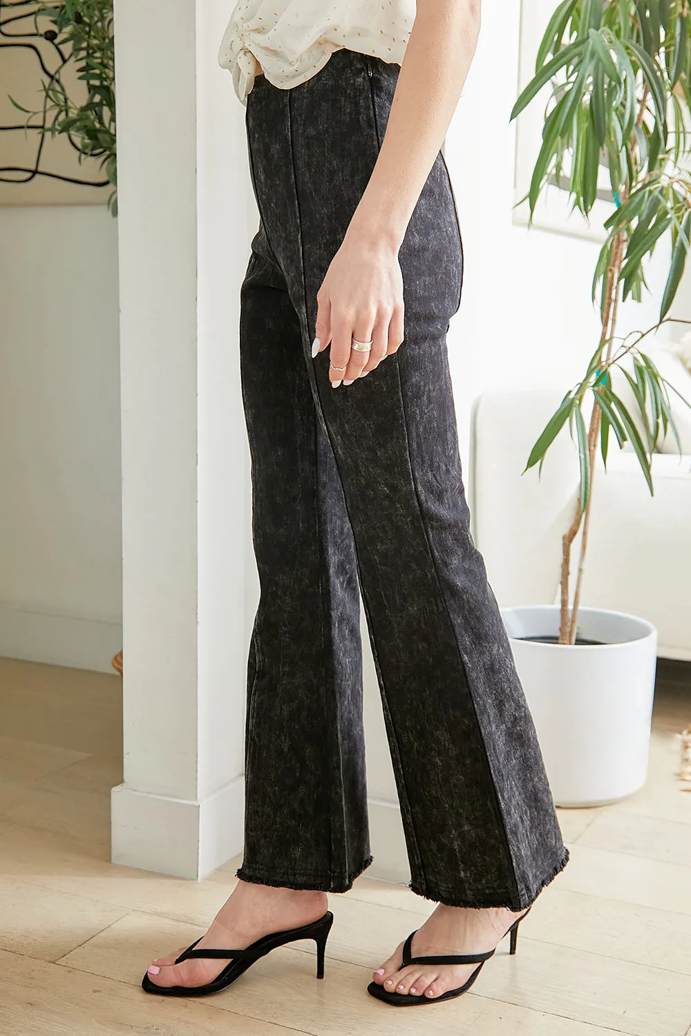 Washed High Waist Flare Pants With Fringe Bottom