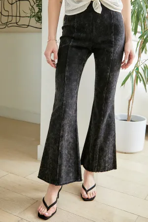 Washed High Waist Flare Pants With Fringe Bottom