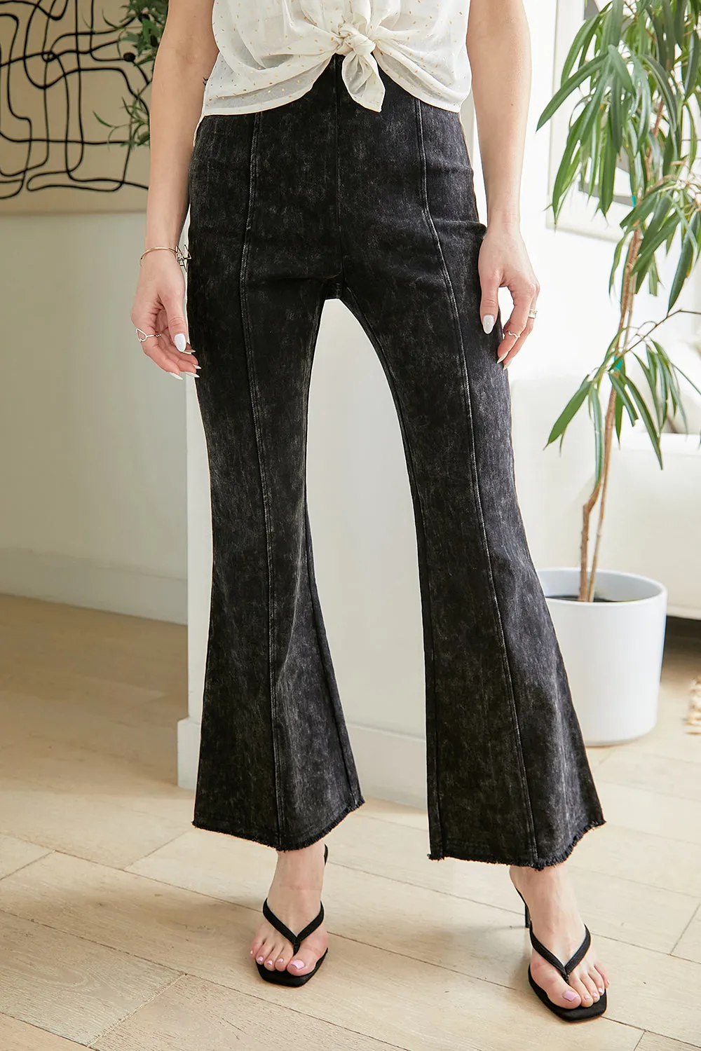 Washed High Waist Flare Pants With Fringe Bottom