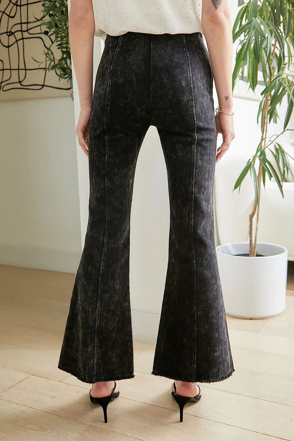 Washed High Waist Flare Pants With Fringe Bottom