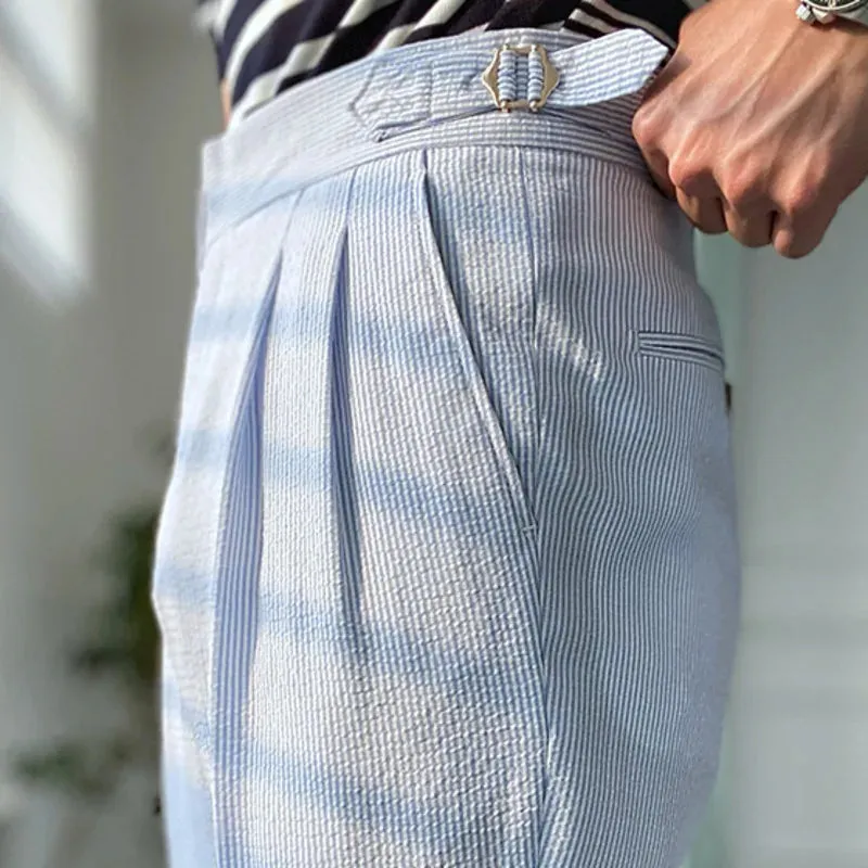 Wiaofellas  -  Sky Blue Seersucker High Waist Straight Pants British Petty Bourgeoisie Blue Stripe Italian Casual Trouser Men Pantalones Hombre