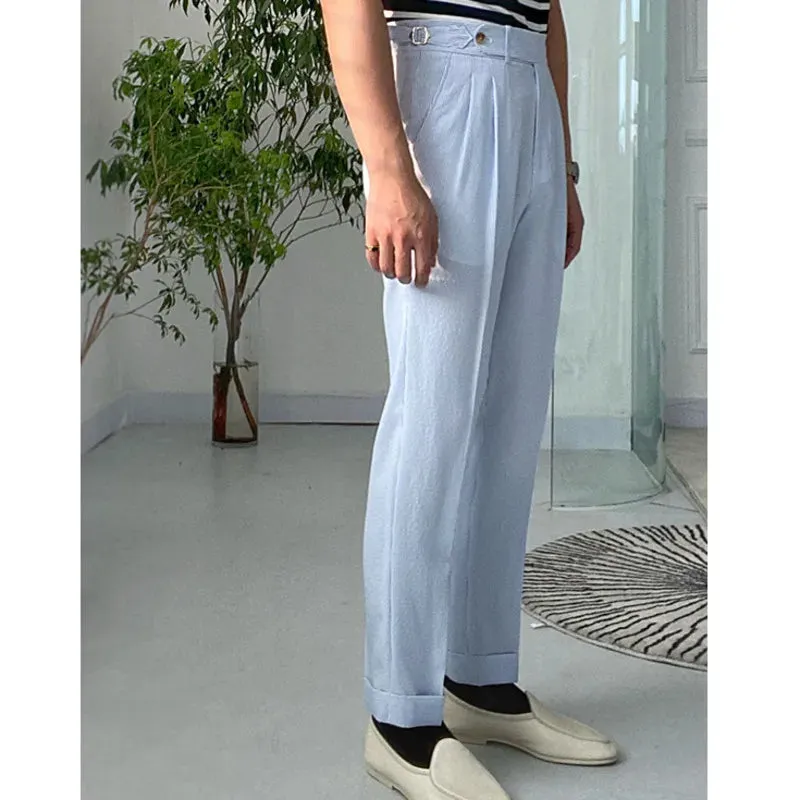 Wiaofellas  -  Sky Blue Seersucker High Waist Straight Pants British Petty Bourgeoisie Blue Stripe Italian Casual Trouser Men Pantalones Hombre