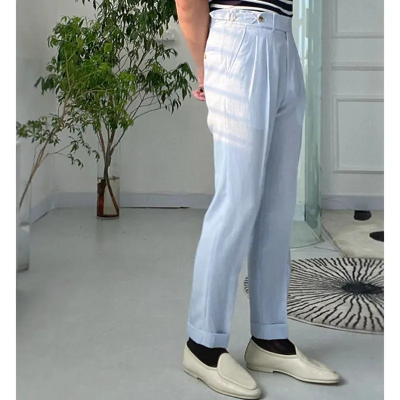 Wiaofellas  -  Sky Blue Seersucker High Waist Straight Pants British Petty Bourgeoisie Blue Stripe Italian Casual Trouser Men Pantalones Hombre